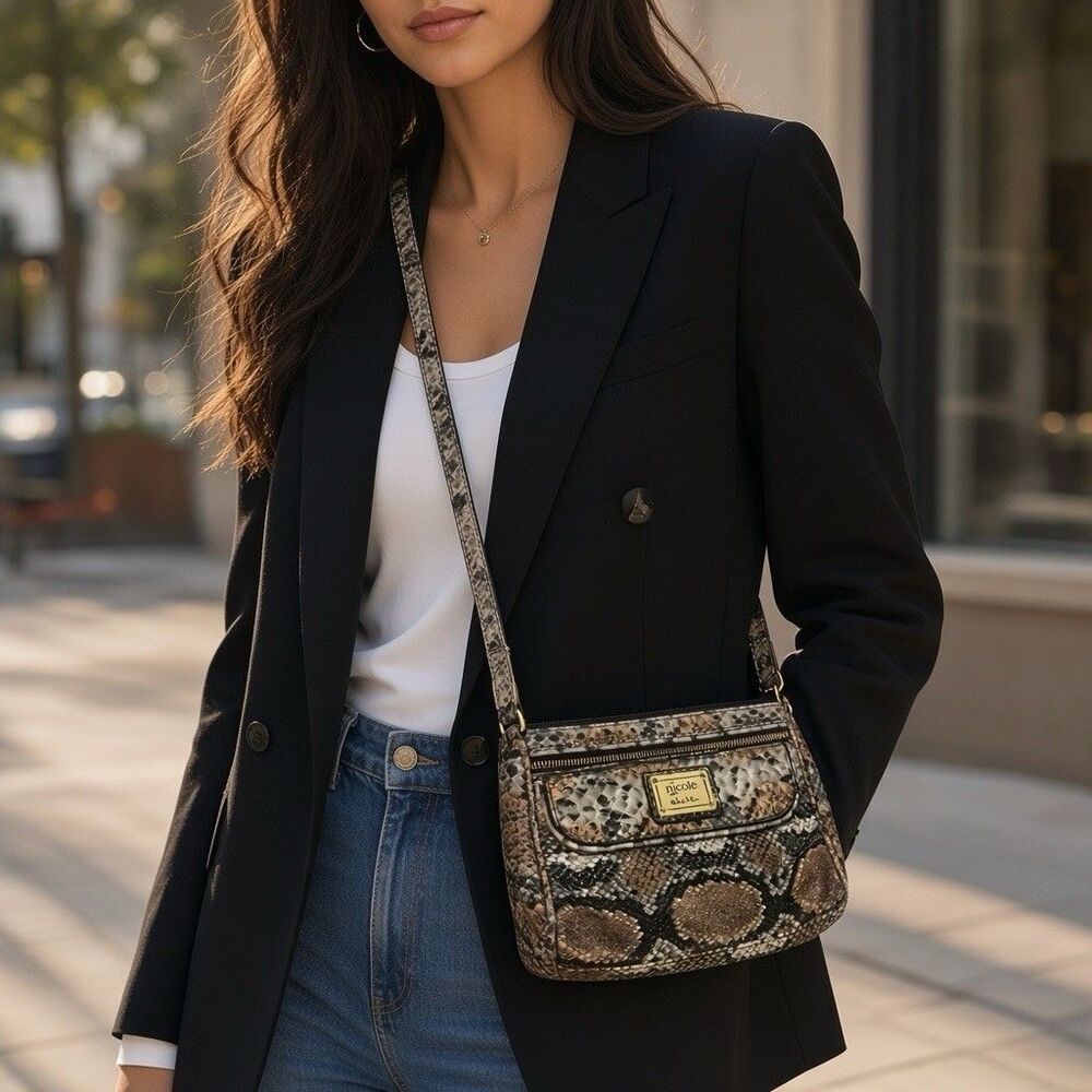 Nicole by Nicole Miller Snake Print Faux Leather Crossbody Bag Zip Tassel